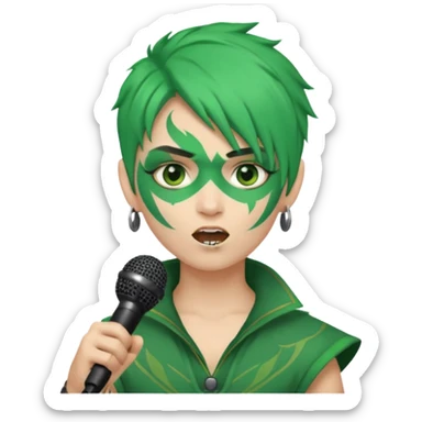 green haired, warrior face painted, holding microphone, singing sticker