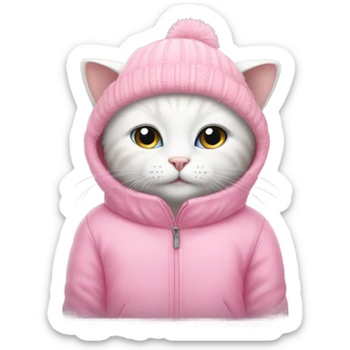 white cat using pink winter clothes sticker
