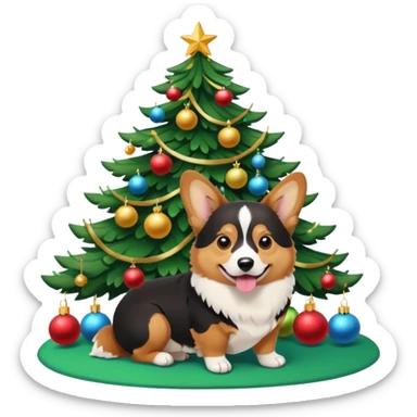 black tricolor corgi with no tail and christmas tree next to it sticker