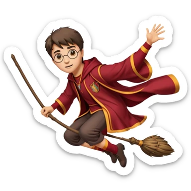 Cartoon-style illustration of Harry Potter flying on a broomstick, Gryffindor red and gold outfit, expressive face, dynamic motion, magical vibe, smooth shading, vibrant colors, no background, transparent background, isolated character. sticker