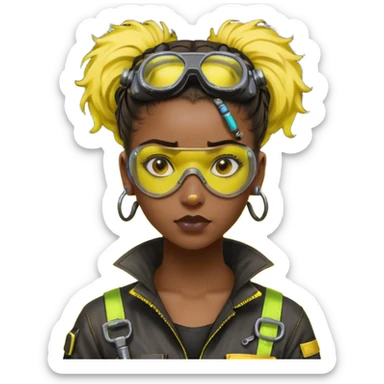 Cyberpunk black female mechanic, yellow tech goggles on forehead, messy hair bun, ear piercings, tool collar, grease smudge on cheek, focused expression, neon yellow lighting sticker