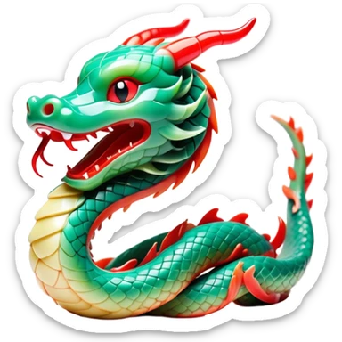Cinematic Cute Chinese Serpent Dragon Portrait Emoji, Head tilted playfully and inquisitively, showcasing a slender, flowing body with vibrant jade scales and soft vermilion accents intertwined with whimsical wisps of cloud and water details; rendered with realistic finesse and warm natural light, high shine, charming and spirited, styled with a touch of mythic whimsy, soft glowing outline, capturing the essence of a mischievous yet endearing celestial dragon poised to weave magic into your dreams! sticker