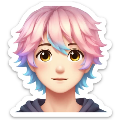 Gorgeous anime style boy with blushing face aesthetic and pretty colorful shiny gradient pastel hair trending style sticker