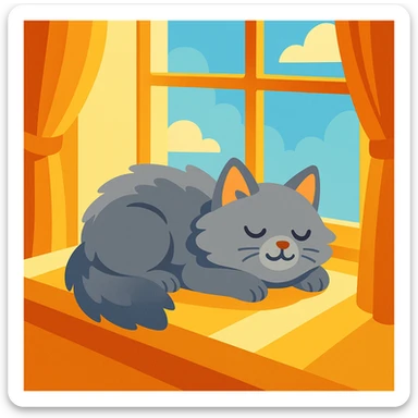 a fluffy gray cat napping on a sunny windowsill, looking peaceful and content, gentle illustration style sticker