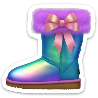 Pair of iridescent Ugg fur boots with ribbon bows. sticker