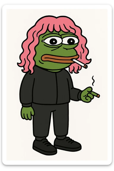 Edit the frog to stand upright wearing a plain black tracksuit without any logo, hoodie, or Adidas branding. The frog should wear sneakers and have a pink long curly hair wig. Remove any cap. Show only one cigarette with the mouth closed. sticker