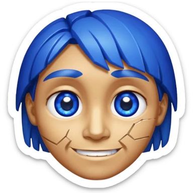 A single sapphire-blue faceted rock head, chunky and worn, with very visible big cracks and chipped facets but still shiny, big kind eyes and a confident smile sticker