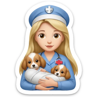 long haired nurse holding baby dog sticker