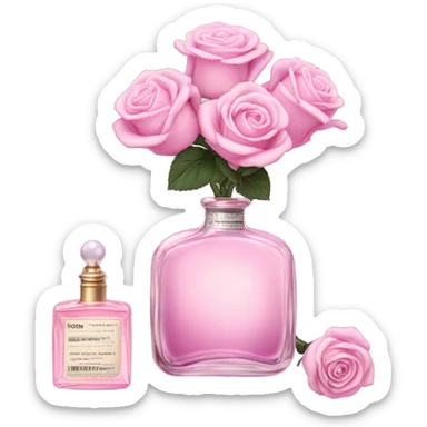 Aesthetic composition of soft pink roses with a vintage-style purple perfume bottle.
 sticker