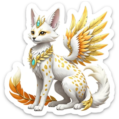 Epic complex fantasy glorious detailed futuristic divine godly angelic feathery sunny, white, albino, pastel, golden, orange glowing sparkly, realistic Fakémon-Sprigatito-Floragato-Meowscarada-Trico-Sergal-Serval-Solgaleo-Vernid-creature (full body) solarpunk, shiny sparkly with a gold laurel sticker