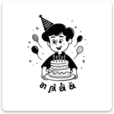 Extremely colorful and bright drawing of a cheerful boy with a birthday cake, rainbow colored decorations and party elements. At the bottom in large, bold, prominent Persian text write: "امیدرضا جان تولدت مبارک" sticker