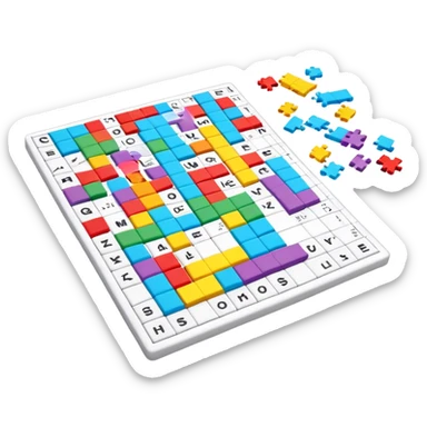 A photorealistic icon with a colorful, fragmented crossword magazine, a 3D puzzle, and a partially completed puzzle on a table. Bright, detailed design with realistic lighting. Transparent background, clearly symbolizing puzzles and brain games. sticker