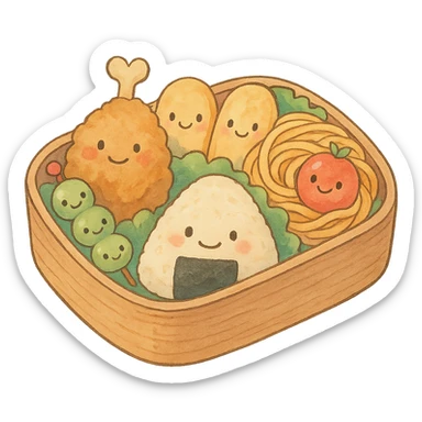 Japanese style bento box, soft pastel kawaii hand-drawn, full object, transparent background, with cute food faces sticker