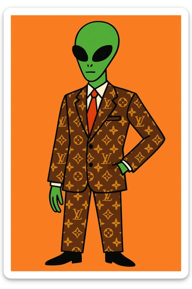Green tall alien wearing Louis Vutton suit sticker