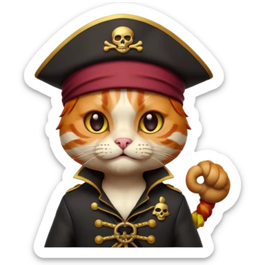 Premium 3D emoji icon of a cute ginger cat pirate, wearing a **burgundy red** pirate hat with a gold skull icon, and a black and gold captain's jacket. Glossy finish, claymorphism style, soft studio lighting, isolated on white background, 8k resolution, stylized professional look --v 6.0 sticker