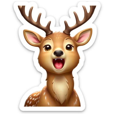 Cinematic Cute Yawning Deer Portrait Emoji, Head tilted slightly with a dramatic, wide-open yawn, revealing a soft, dappled coat and elegantly drooping ears, eyes barely open in drowsy contentment, Simplified yet irresistibly adorable features, highly detailed, glowing with a soft, cozy glow, high shine, relaxed yet expressive, stylized with a touch of natural whimsy, bright and endearing, soft glowing outline, capturing the essence of a sleepy yet affectionate deer, so drowsy it feels like it could stretch right out of the screen and curl up for a nap! sticker