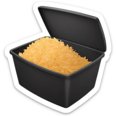 Black cubic plastic container with wood shavings inside sticker