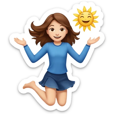 Girl with long brown hair happy jumping in the air with sunbeams in the background  sticker
