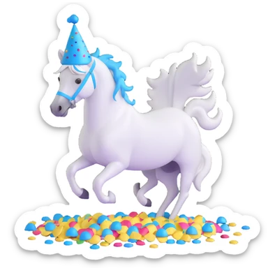 white horse with blue party hat and confetti sticker