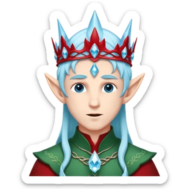 Fantasy elf portrait emoji, icy blue crystal crown with deep red accents, elegant elven features, cold noble winter expression, ice and crimson color palette, minimal clean design, flat readable emoji style, male variant sticker