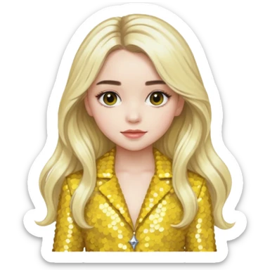 Sabrina Carpenter with long platinum blonde hair, yellow sequin outfit sticker