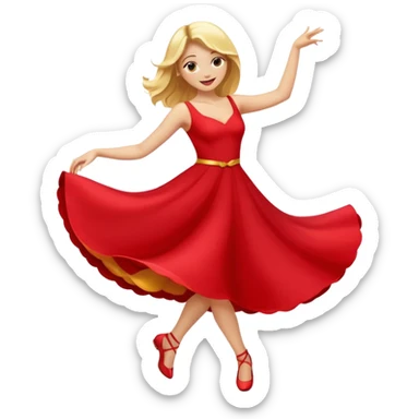 a yellow-blonde woman dancing wearing a red dress, in flat emoji / Apple style, smooth shapes, glossy highlights, bright saturated colors, simple features, minimal details, no outlines, red clothes flowing, joyful pose
 sticker