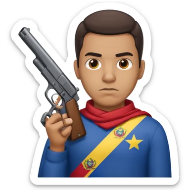 A Venezuelan with the Venezuela flag around his neck holding a gun tap sticker