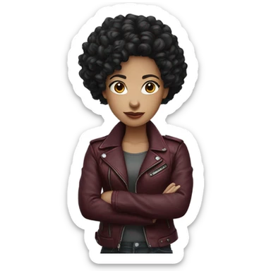 Black curly hair girl wearing a burgundy biker jacket sticker