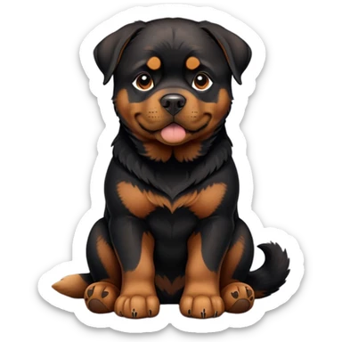 cinematic-[rottweiler]-realistic-full-body-sitting-emoji,-tail-resting-loosely-beside-its-paws,-head-tilted-dramatically, -sleek-[Black and brown]-fur,-simplified-yet-realistic-focused-features,-highly-detailed,-glowing-with-an-almost-sarcastic-glow sticker