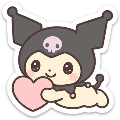 Kuromi character lying down hugging a heart, kawaii style sticker