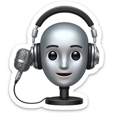 Create a professional emoji that represents voice acting and dubbing equipment. should feature a high-quality microphone, and headphones to symbolize recording and technical process.  elements to be futuristic colors with matte black and sparkling chrome silver. Transparent background  sticker