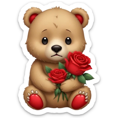 Cute bear with sad puppy dog crying eyes holding roses with this  sticker