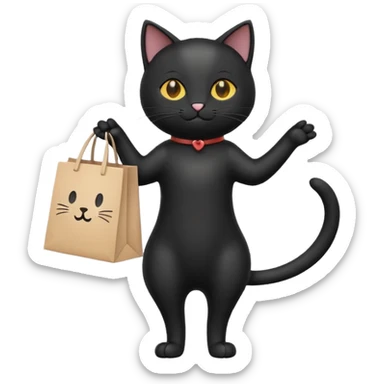 A cute black cat standing on two legs, happily running while holding a shopping bag. Minimalist emoji style, clean vector look, soft colors, rounded shapes, and expressive face sticker
