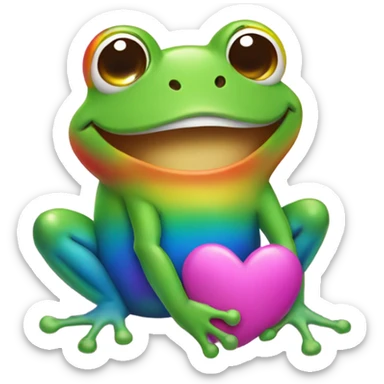 Rainbow colored frog smiling with hearts around it sticker