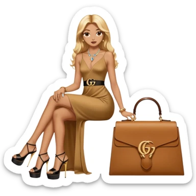 Lilith symbol light brown eyes. Woman of justice and power. Shoulder  length blonde haired  woman with Gucci, and Hermes bags next to her. Wearing long dress with slit, sitting on a lot of gold and big diamonds around her. Black Platform high heels on feet. designer bags around her.  sticker