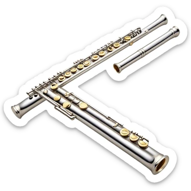 Cinematic Realistic Flute, polished silver metal with precise keywork, warm golden reflections dancing along its surface, soft hands carefully positioned over the keys, glowing with an elegant and airy charm. sticker