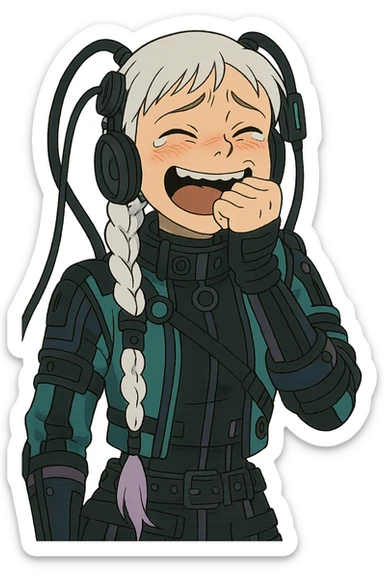 1 female, white braid with lavender tips. Cybergoth futurepunk, crying from laughter, “wheeze emoji” facial expression  sticker