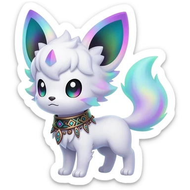 Rare neon iridescent white exotic cute epic aesthetic gothic colorful Salandit-Eevee-Civet-species-Fakemon-hybrid-creature, with a collar, and with intricate tribal markings, full body sticker