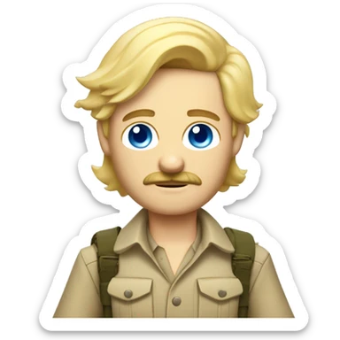 Blonde blu eyed man with mustache in safari outfit and rifle sticker