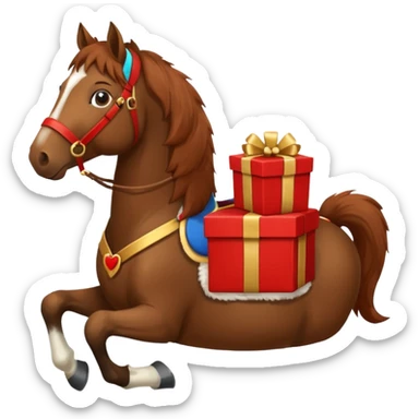 a New Year's horse with a red saddle, which has a red gift box with a white bow on the saddle sticker