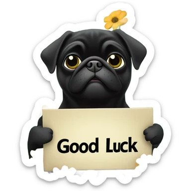 Black pug , surrounded by flowers, holding a green sign that says “good luck”  sticker