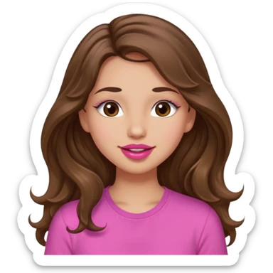 girl with long wavy brown hair, brown eyes, light to medium complexion, in a pink shirt, pink lips, long lashes, puckering up for a kiss, kiss lips sticker