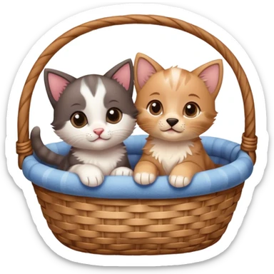 Disney-style cute kitten and puppy cozy in a basket sticker