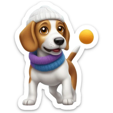 Beagle with winter clothes and snowball fight sticker