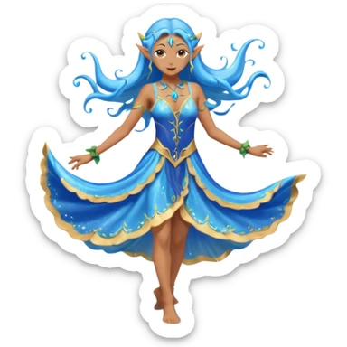 elf female dancer with water-like dress, graceful pose on wet sand, splashes, pointy ears, serene expression, centered emoji, ethereal blue colors sticker