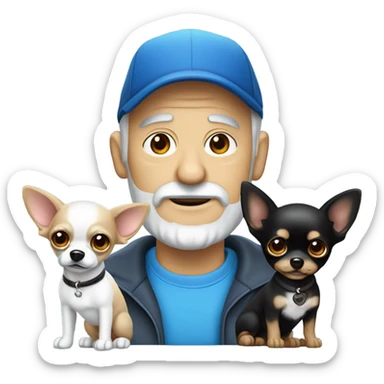 Old man with ‘blue eyes’ goatee beard ball cap holding black long haired chihuahua sticker