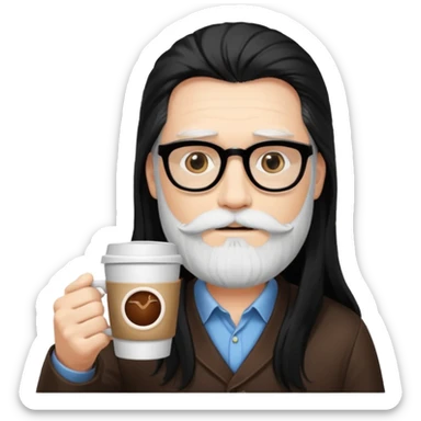 men with white bearded long black hair  with opticals  on holding coffee cup sticker