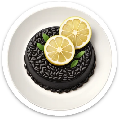 cinematic-realistic-black-risotto-dish,-showcasing-dramatic-lighting in a white plate with a single slice of grilled lemon on top sticker