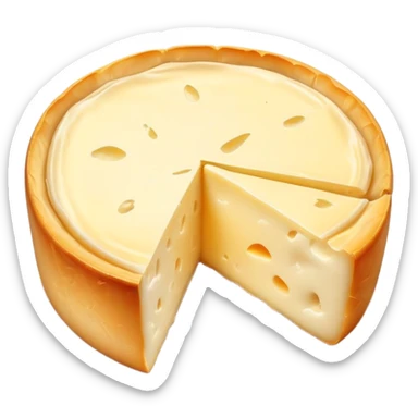 cinematic-realistic-brie-cheese-emoji,-featuring-a-creamy gooey center,-soft-ripened-cheese-with-a-delicate-rind-rendered-with-lifelike-detail-and-inviting,-natural-lighting. sticker