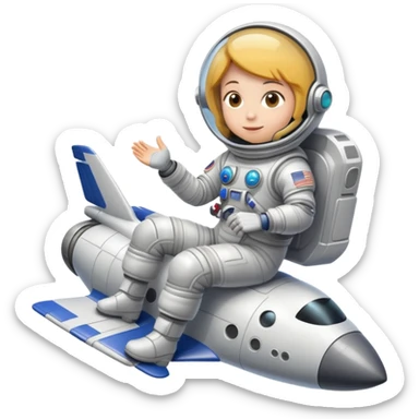 A spacesuit wearing person sitting on top outside a flying spaceship sticker